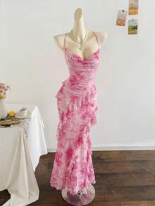 Soleia Women's Colorful Vintage Floral Print Draped Neck Layered Ruffle Hem Dress, Vacation Style,Dresses For Women Summer - Pink - View 3