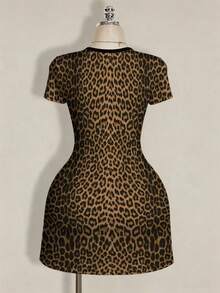 SHEIN ICON 大码女式深V领复古豹纹蝴蝶结短袖A字连衣裙，适合返校、休闲、度假、夏季穿着 - 彩色 - 查看 2