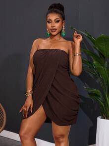 Slaydiva Đầm mini ôm sát cúp ngực vân nổi màu nâu chocolate cho nữ size lớn, phong cách gợi cảm, phù hợp đi du lịch, đi biển, dự tiệc cocktail, đi chơi mùa hè - màu nâu - Xem 4