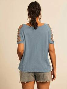 Freevana Plus Size Women Summer Casual Fashionable Street Chic Daily Commute Vacation Minimalist Solid Color Hollow Shoulder T-Shirt - Dusty Blue - View 2