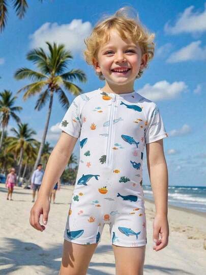 SHEIN Bộ áo liền quần tay ngắn cổ tròn in hình cá mập dễ thương cho bé trai, thích hợp mặc mùa hè.