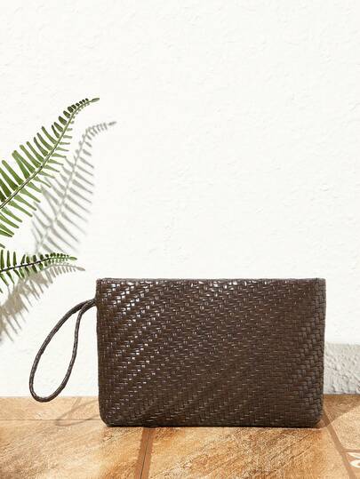 SHECARRY Women's Fashion Brown Woven PU Clutch Bag, Exquisite Vacation, Simple Commuting, Light And Compact, Suitable For Women, Mothers, Daily, Commuting, Shopping, Travel, Vacation, Beach, M
