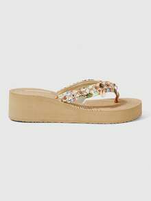 ROMWE Fairycore Sandal đế bằng nữ mùa hè, sandal hở mũi kiểu La Mã, sandal đi biển, sandal hoa ba chiều bằng rơm, dép đi nghỉ mát, giày dự tiệc. - Màu be + Hoa - Xem 6