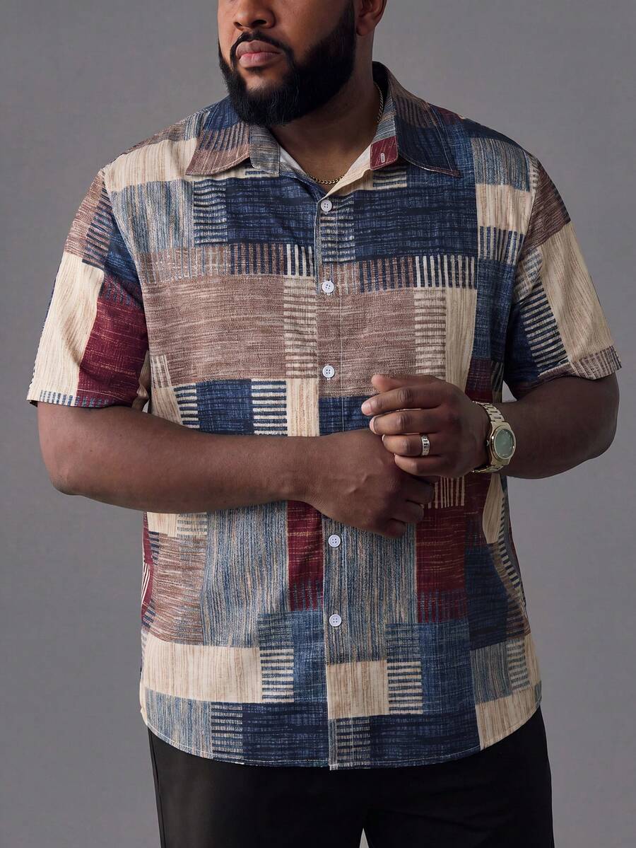 Manfinity Homme Kemeja Pria Ukuran Besar Motif Geometris Kasual Longgar Lengan Pendek, Musim Panas, Untuk Bepergian - MultiWarna - View 1