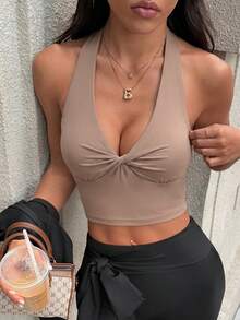Easithlete Women's Casual Twist Front Plus Size Sports Tank Top, Spring/Summer - Brown - View 4