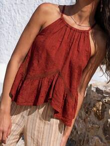 Nöista Brown Double-Strap Cami Top With Ruffle Hem. Summer, Fall, Resort, Going Out, Party Style. - Chocolate Brown - View 3