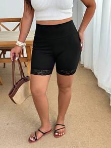 Enliva Plus-Size Summer Casual Stretch Leggings, Lace-Trimmed Five-Point Cycling Shorts, Summer Cooling Fabric Leggings, For Apple And Rounded Body Shape - Black - View 8