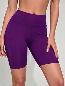 SHEIN Sports 女士夏季简约纯色高腰拼接口袋运动骑行短裤 - Bold Plum - 查看 5