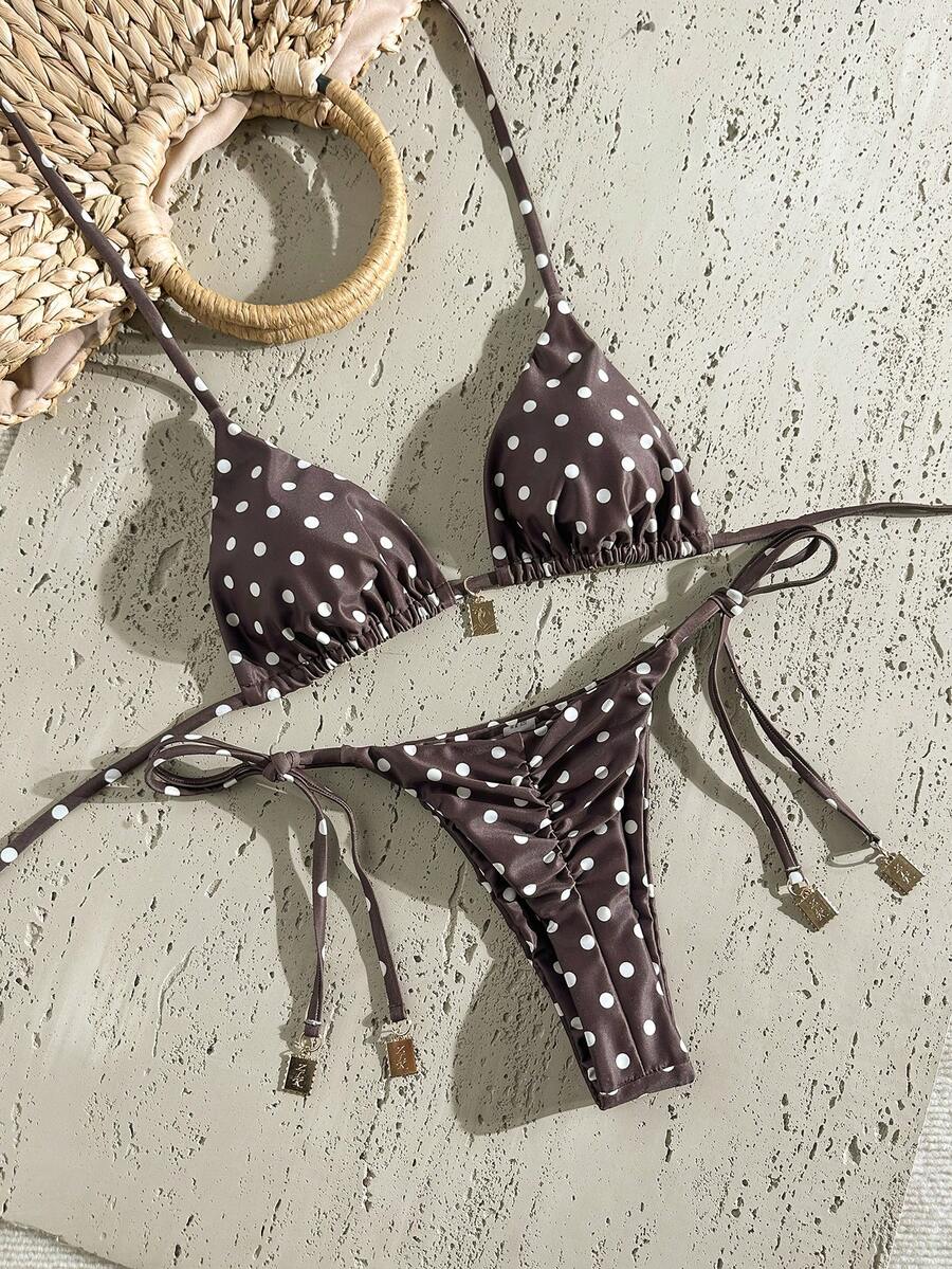 Swim Mod Conjunto de bikini de 2 piezas con tirantes de espagueti, decoración metálica y estampado aleatorio para mujer, ideal para primavera y verano - Multicolor - Ver 1