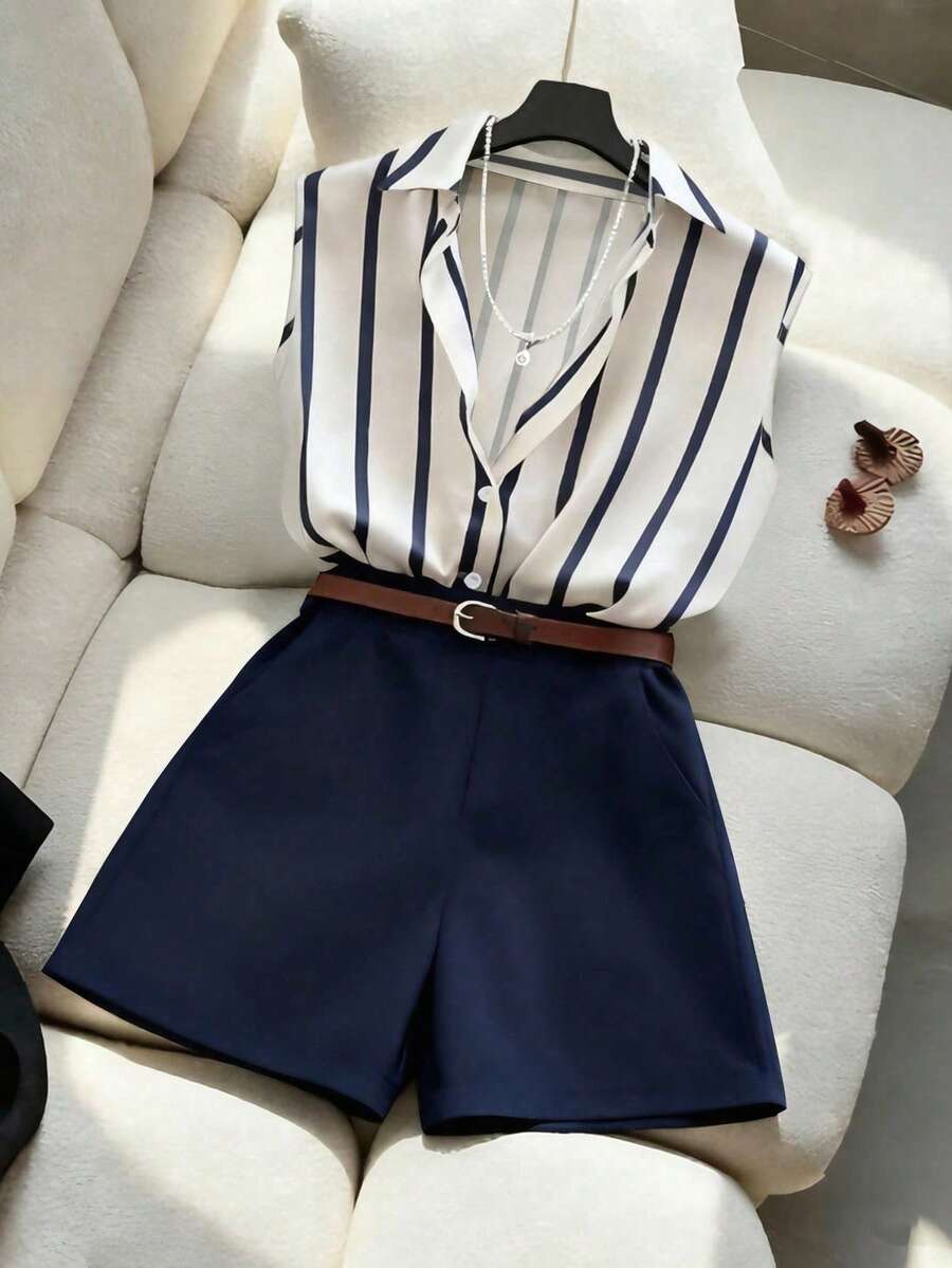 Franclia Women's Sleeveless Striped Shirt Blouse And Loose Shorts Set, Spring/Summer - Multicolor - View 1