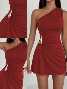 Sweetra Petite Women's Sexy Asymmetrical Shoulder Ruched Waist Fitted Mini Dress With Metal Buckle Decor, Spring/Summer - Red - View 3