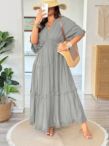 Vionelle Vestido regular con volantes y unicolor de estilo francés, talla grande, primavera/verano - Gris - Ver 3