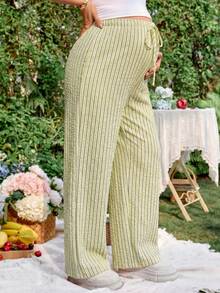 Lyckli Maternity Casual Vacation & Commute Striped Print Drawstring Waist Loose Wide Leg Pants Fall - Yellow - View 5