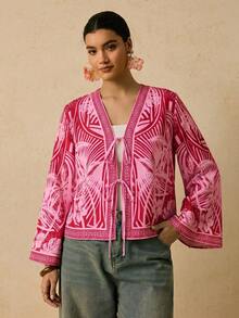 Travachic Plus Size Women Palm Tree Print Front Tie Shirt - Pink - View 4