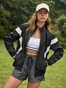Exploreva Exploreva Women's Color Block Zipper Casual Versatile Daily Wear Sports Jacket - Black - View 5