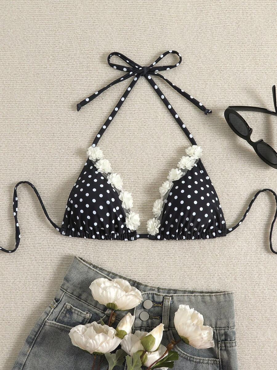 Swim Vcay Áo tắm nữ cúp tam giác dây mảnh cổ hoa 3D chấm bi - Đen và trắng - Xem 1