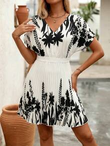 Clasi Vestido de verano casual de unicolor con mangas de murciélago y dobladillo plisado para mujeres - Multicolor - Ver 10