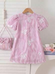 SHEIN Genkimix Girls Puff Sleeve, Invisible Zipper Decor Casual Floral Embroidered Round Neck A-Line Dress - Pink - View 3