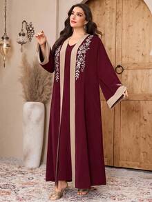 Al Najma Plus Size Women Embroidered Pattern Long Sleeve Abaya - Burgundy - View 7