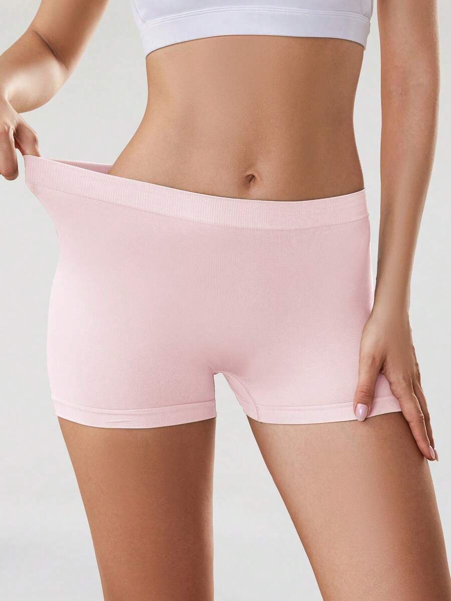 SHEIN 女式纯色弹力舒适防暴露短裤 - 粉色 - 查看 1