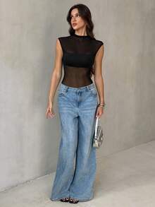 SHEIN Tall Áo liền thân không tay màu đen gợi cảm, chất liệu lưới xuyên thấu, phối họa tiết bất đối xứng. - màu đen - Xem 6