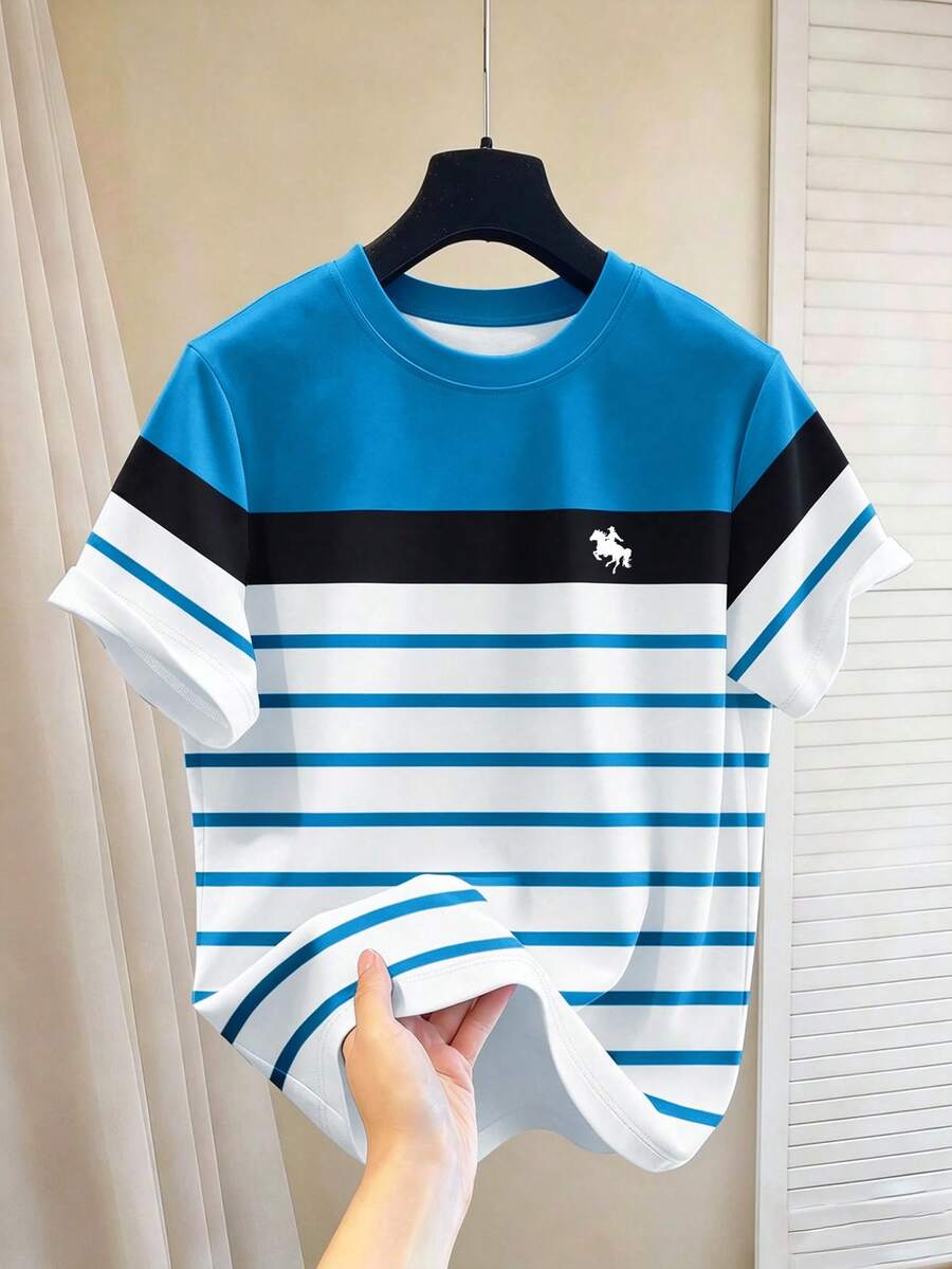 Manfinity Hypemode Men's Retro American Style Striped Navy Contrast Patchwork Embroidery Casual Loose Crew Neck T-Shirt, Holiday - Multicolor - View 1