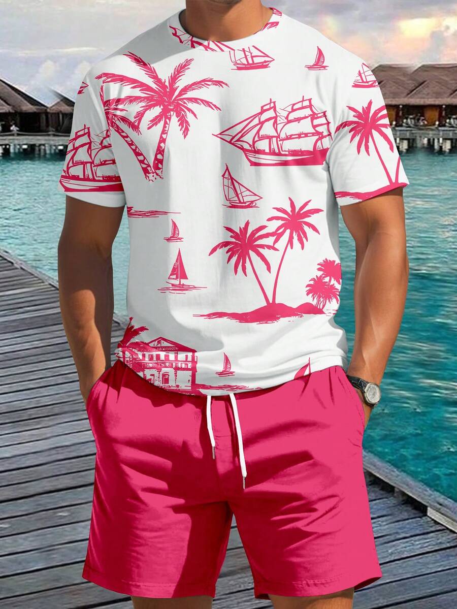 Manfinity RSRT Men's Minimalist Printed Short Sleeve T-Shirt And Shorts Set, Holiday - Multicolor - View 1