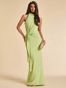 SHEIN BAE Đầm ôm sát màu xanh lá cây trơn, cổ yếm, viền bèo nhún, thanh lịch dành cho nữ, thích hợp đi nghỉ mát, dự tiệc, làm phù dâu, đi học/tốt nghiệp. - màu xanh lá - Xem 3