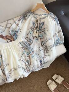 Franclia Women's Casual Fashion Plant Print Shirt And Loose Shorts Set - Multicolor - View 1