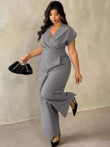 Auralis New Elegant Commuting Workwear Summer Crossover V-Neck Sleeveless Dropped Shoulder Short Sleeve Plus Size Top & Straight Leg Pants/Elegant 2-Piece Set - Light Grey - View 1