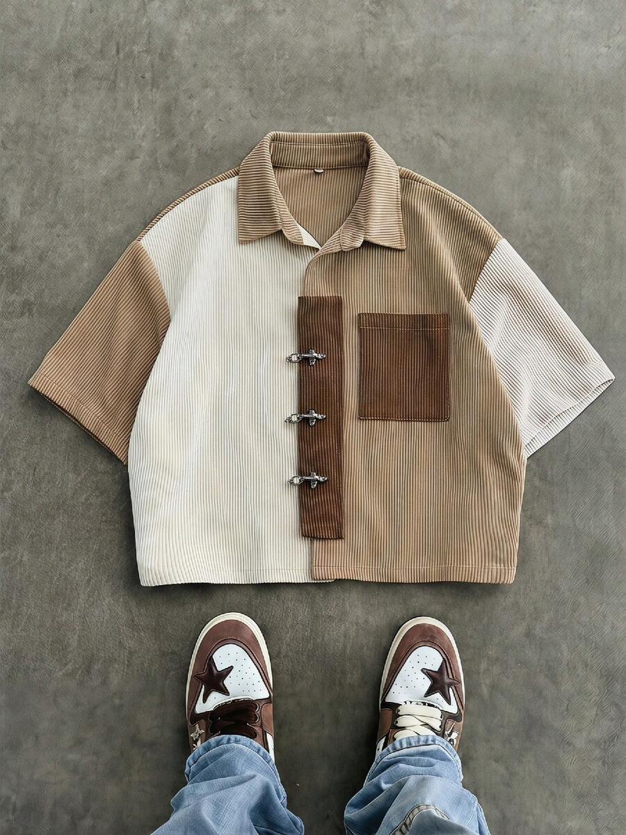 SWAVVY Men's Patchwork Corduroy Short Sleeve Shirt, Spring/Summer,Holiday,Daily Wear Shirt, Cargo Short Shirt,Casual Versatile Daily Wear Short Sleeve Shirt - Khaki - View 1