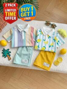 SHEIN 2pcs/Set Young Boy Striped Polo Shirt And Shorts Outfit For Summer,Matching Family Vacation,Casual Fashion Minimalist Soft Loose Korean Style Set - Yellow - View 2