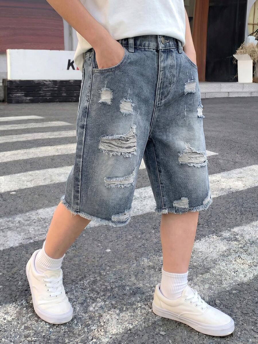 SHEIN 青少年男孩破洞牛仔短褲，夏季新款休閒復古中藍色撕裂磨邊設計，時尚百搭風格，適合度假、上學、休閒、派對，青少年男孩夏季寬腿牛仔短褲