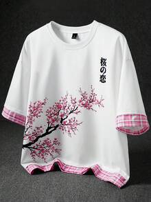 PAVTROS 男士街头风樱花元素浮世绘印花双层袖口下摆T恤，送给男友/老公的礼物，周年纪念礼物 - 彩色 - 查看 3