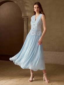 MOTF PREMIUM ELEGANT COMMUTER LIGHTWEIGHT DRESS, V-NECK SLEEVELESS WAIST CINCHED FLARED DRESS WITH LACE & CHIFFON PANELS, LIGHT BLUE, SPRING/SUMMER - Baby Blue - View 4