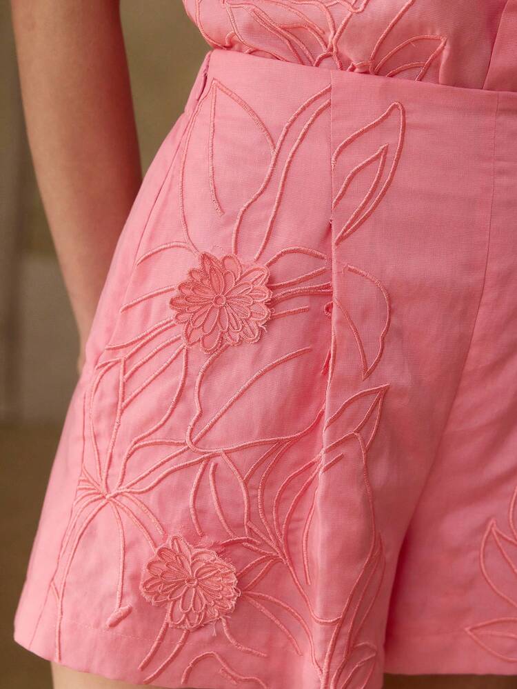 WOMEN'S PINK TENCEL LINEN EMBROIDERED SHORTS, CASUAL & DATE WEAR, SPRING/SUMMER