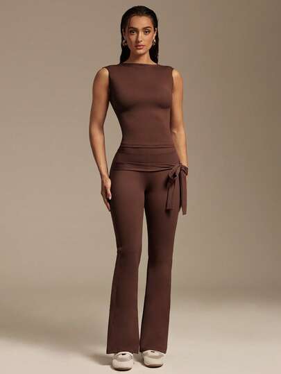Silquee Women's Solid Color Twist Front Sleeveless Top And Flare Leg Pants Sports Suit