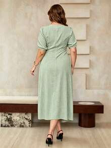 Roveilla Plus Size French Polka Dot Ruffle Tie Waist Split Hem Casual Dress, Spring/Summer - Green - View 2