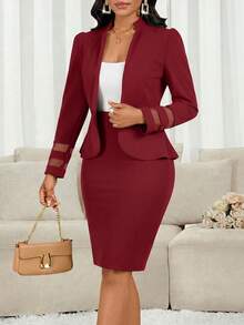 SHEIN Lady Bộ 2 món áo dài tay và chân váy công sở tối giản màu đỏ tía dành cho nữ, thích hợp cho mùa thu/đông. - Màu Đỏ Sâu - Xem 6