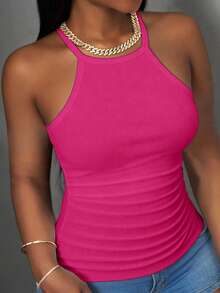 Slaydiva Tank Top Wanita Warna Pink Terang dengan Kerah Bulat Bergaris dan Model Racer Back, Cocok untuk Musim Panas, Kasual, Seksi, Cocok untuk Acara Malam Hari, Dasar, Polos, Serbaguna, Model Off-Shoulder, Yoga, Olahraga, dan Pantai. - Hot Pink - View 7