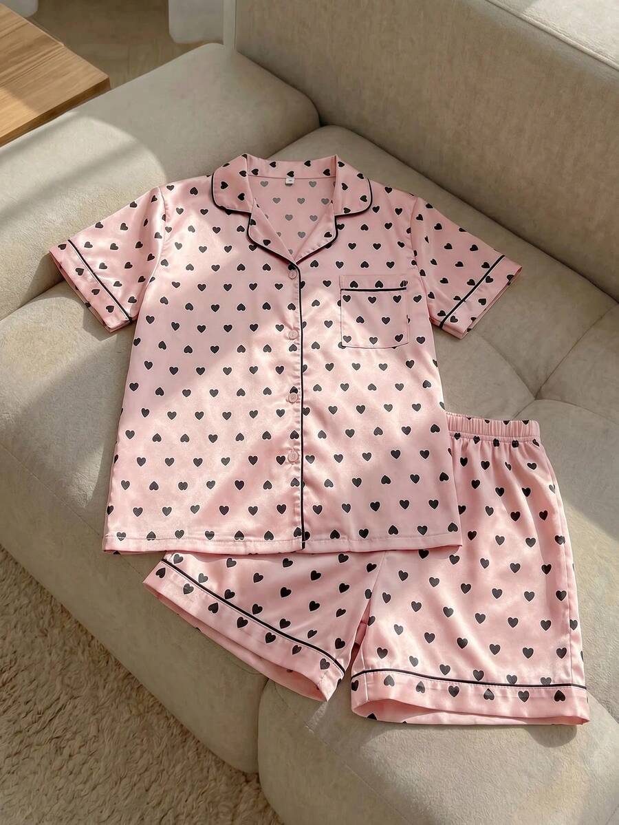Resyla Áo sơ mi và quần short Satin in hình trái tim tương phản Bộ PJ / Bộ Pajama - Bụi hồng - Xem 1