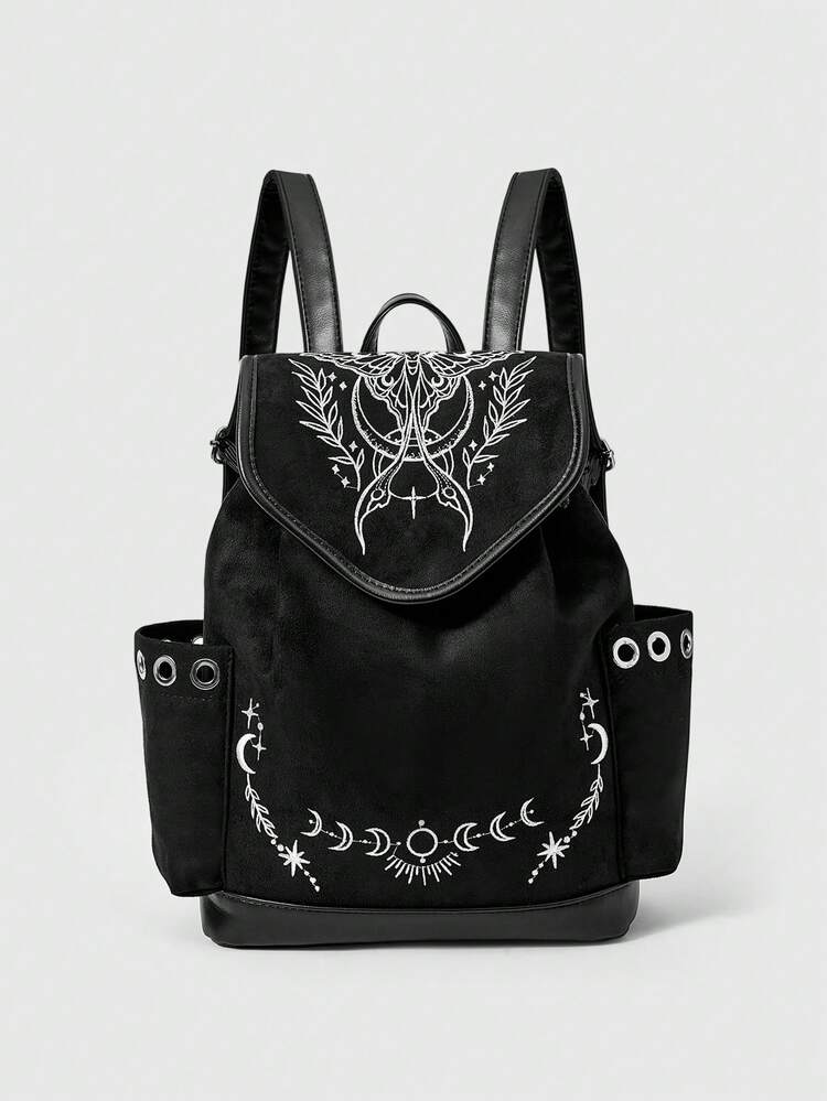 ROMWE Fairycore Gothic Witch Embroidery Backpack Moonworm Fern