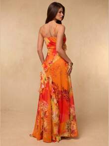 SHEIN BAE Frühlings- und Sommer-Einfarbiges orangefarbenes Vintage Boho Tier-Muster Batik Quallen Rüschen 3D Blumen glänzendes Chiffon Kleid - Orange - Übersicht 2