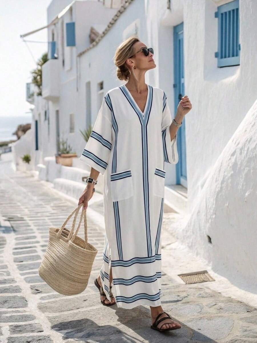 EMERY ROSE Women's V-Neck Color Block Pocket Casual Coastal Chic Party Beach Vacation Dress Holiday Blue And White Stripe Autumn - Multicolor - View 1