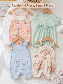SHEIN 粉色，春意盎然，甜美可爱公主风，波西米亚风花卉印花，女婴休闲吊带连体衣，适合春夏日常、假日、节日、农场、野餐等场合，充满春日气息，夏日氛围，春夏装扮，舒适百搭，时尚小女孩套装，休闲装，公主风童装，花卉图案T恤套装，春夏套装，新款，清凉舒适，春日氛围，夏日清凉 - 彩色 - 查看 2