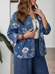 EMERY ROSE Mature Denim 大尺碼休閒花卉印花牛仔襯衫 夏季嘉年華服裝 通勤 度假 畢業 時尚 Y2k 可愛街頭風 Coquette 派對 婚禮 優雅商務休閒 女士商務 海灘 畢業 時尚大尺碼女款牛仔外套 附優雅花卉設計 長袖 鈕扣開合 花朵藍 - 藍色 - 查看 6