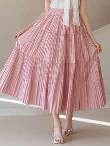 DAZY Chân váy xòe xếp ly cạp cao bằng vải chiffon màu tím dành cho nữ, kiểu dáng đa năng cho mùa xuân và mùa hè. - Hồng - Xem 3