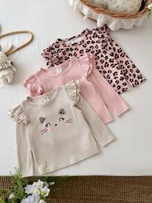 SHEIN LMoss Kids Conjunto de 3 piezas para bebé niña, top casual de punto de color liso con estampado de leopardo y patrón lindo, cuello redondo y bajo con volantes, estilo grueso, adecuado para otoño/invierno - Multicolor - View 6