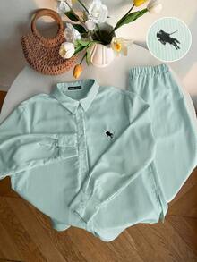 SHEIN EZwear 大码休闲条纹长袖衬衫套装 - 綠色 - 查看 6