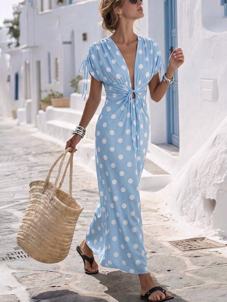 SHEIN Holidaya V-Neck Bowknot Shoulder Long Dress For Women - Baby Blue - View 1